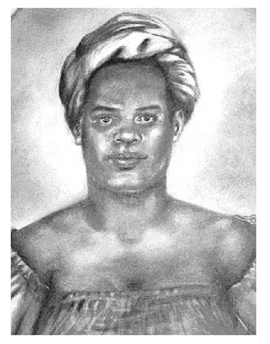 Representação de Maria Felipa, mulher negra com turbante. Ilustração de Filomena Modesto Orge.