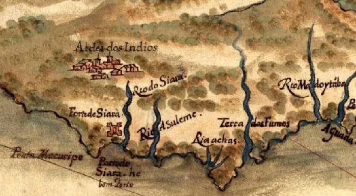 Mapa antigo, com alguns detalhes da região onde hoje fica a cidade de Fortaleza.