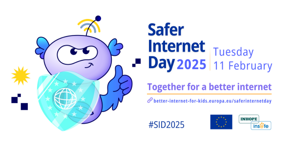 Banner oficial da campanha 2025 do Safer Internet Day, com a data, o tema e o mascote Ally.